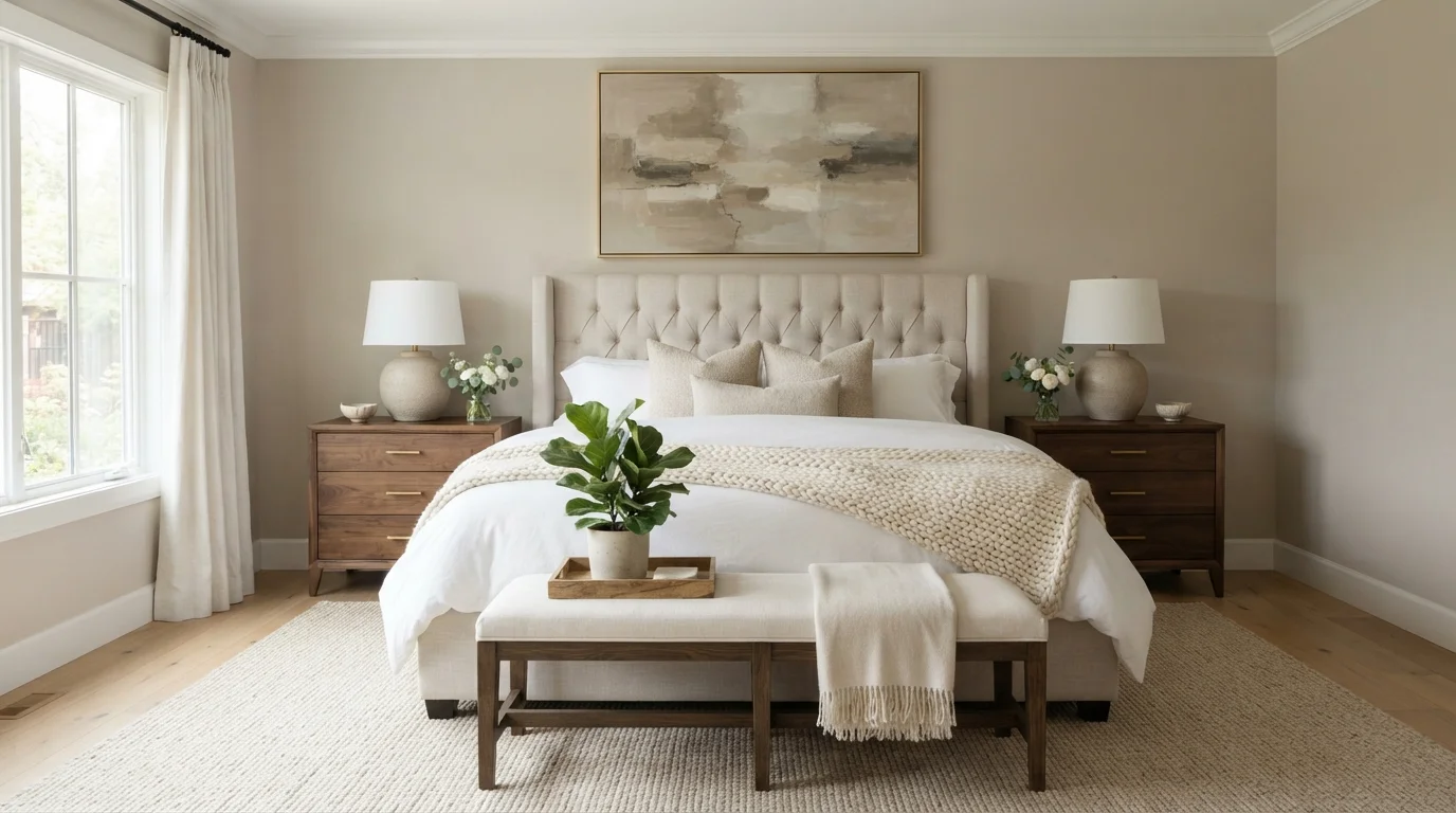 Warm Linen Serenity — neutral master bedroom painted in Loggia