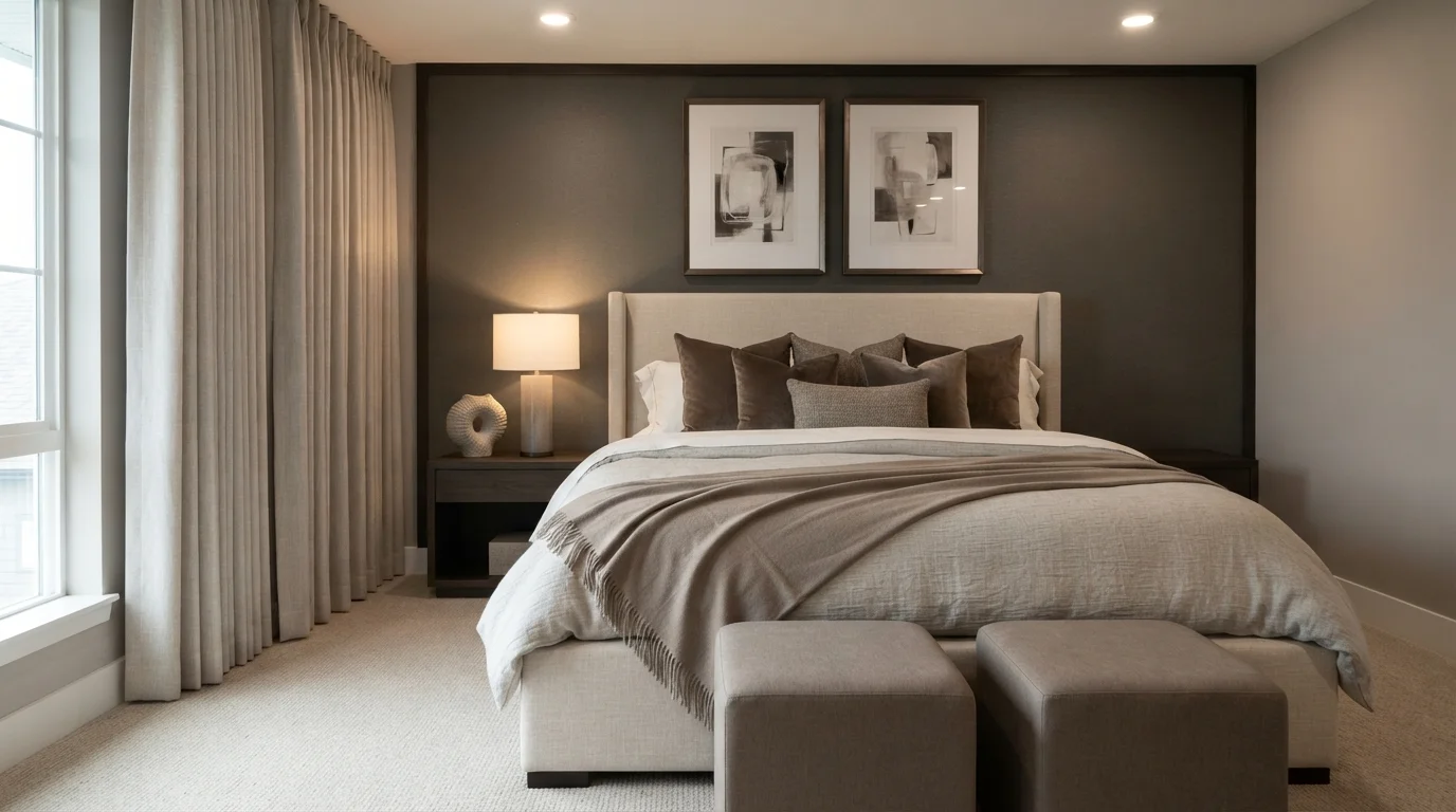 Tailored Taupe Serenity — neutral master bedroom painted in Grange Hall