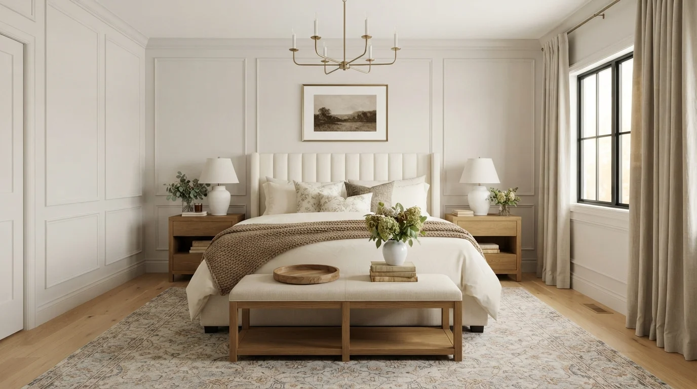 Warm Linen Serenity — neutral master bedroom painted in Slush