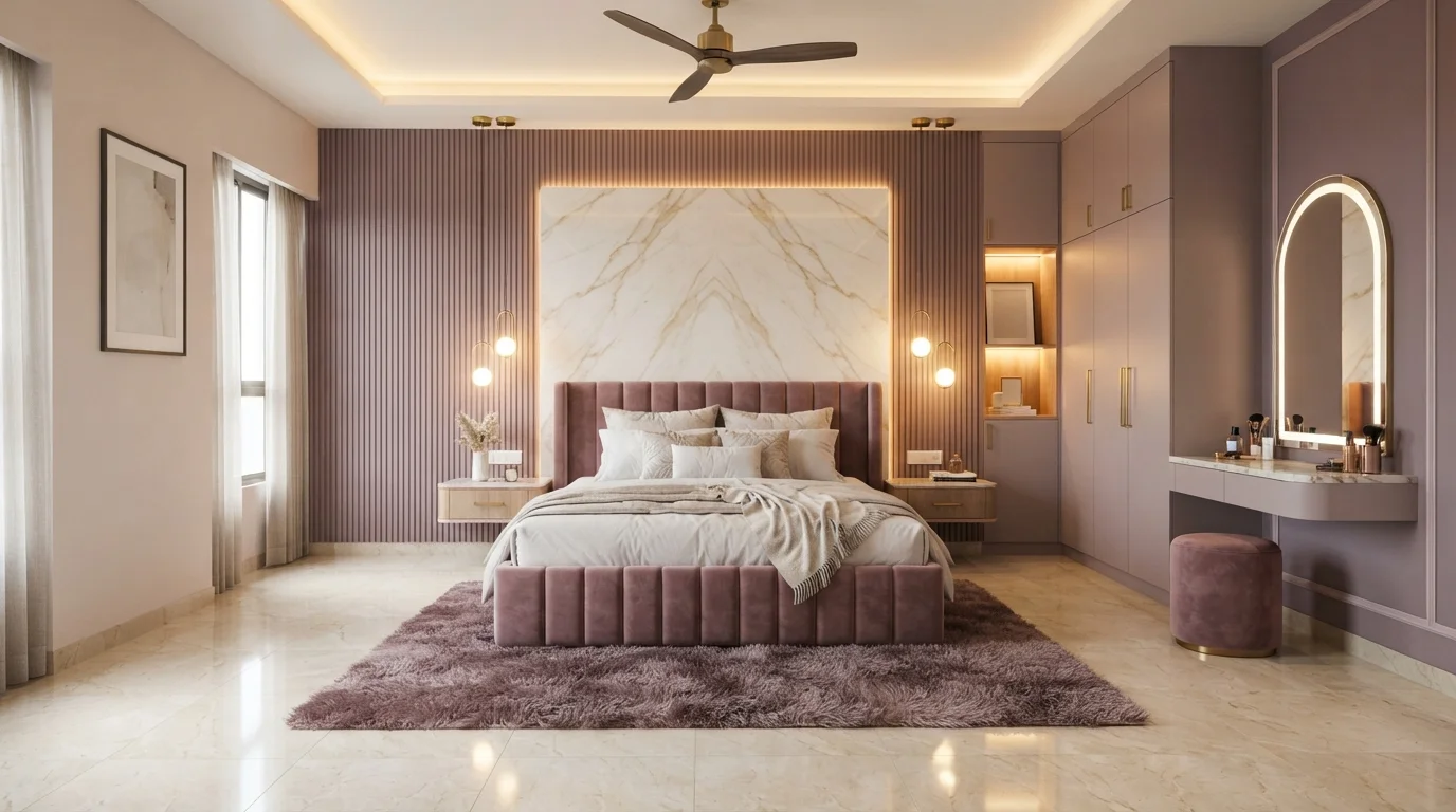 Dusty Mauve Haven — purple master bedroom painted in Fields of Heather