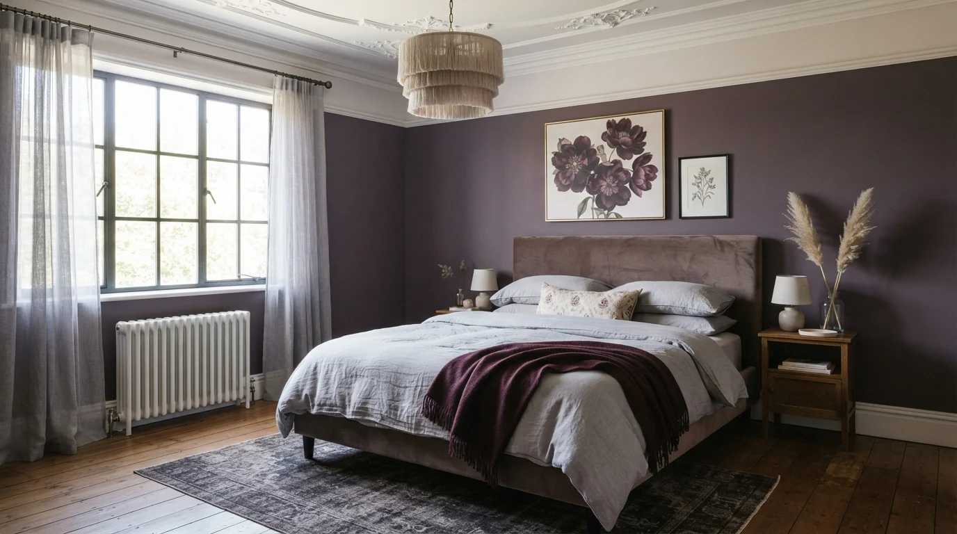 Moody Mauve Bedroom — purple master bedroom painted in Parisian Plum