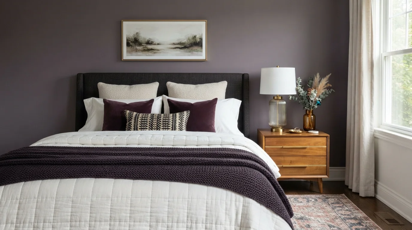 Dusty Plum Retreat — purple master bedroom painted in Plum Shadow