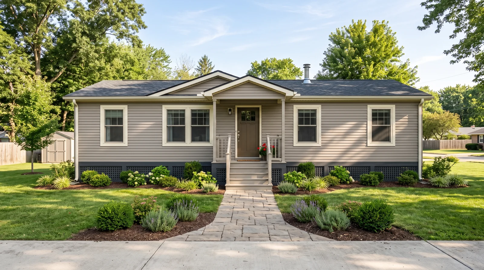 Warm Greige Two-Tone With Dark Skirting — mobile home exterior painted in Accessible Beige