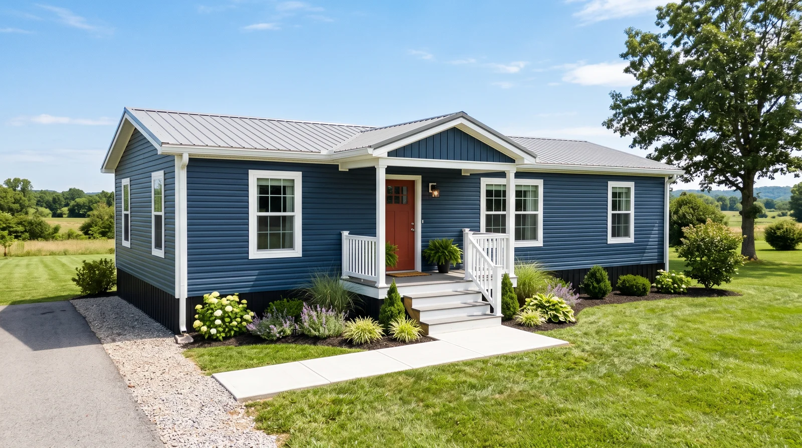 Navy Body With White Trim — mobile home exterior painted in Naval