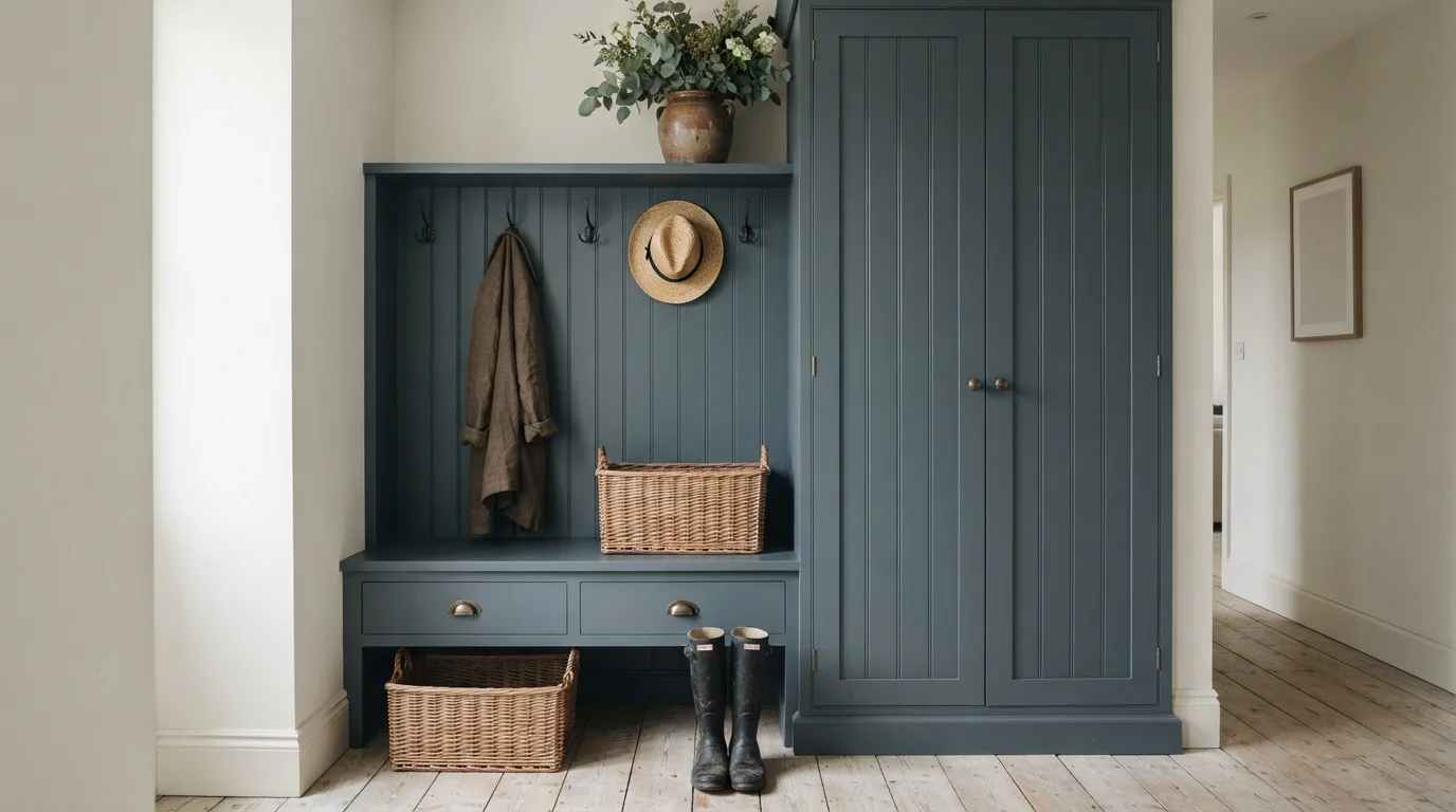 Moody Slate Entryway — blue mudroom painted in Newbury Port