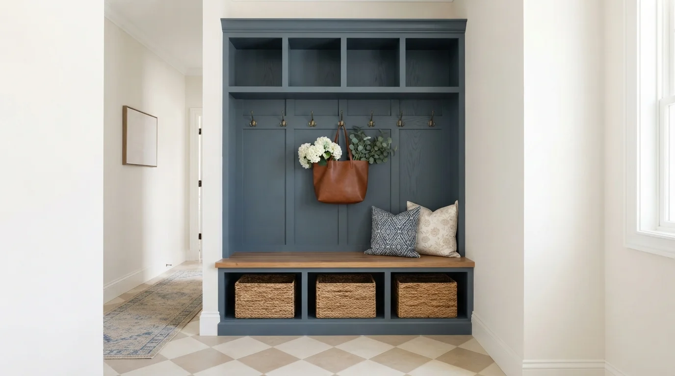 Slate Blue Mudroom — blue mudroom painted in Simplified White