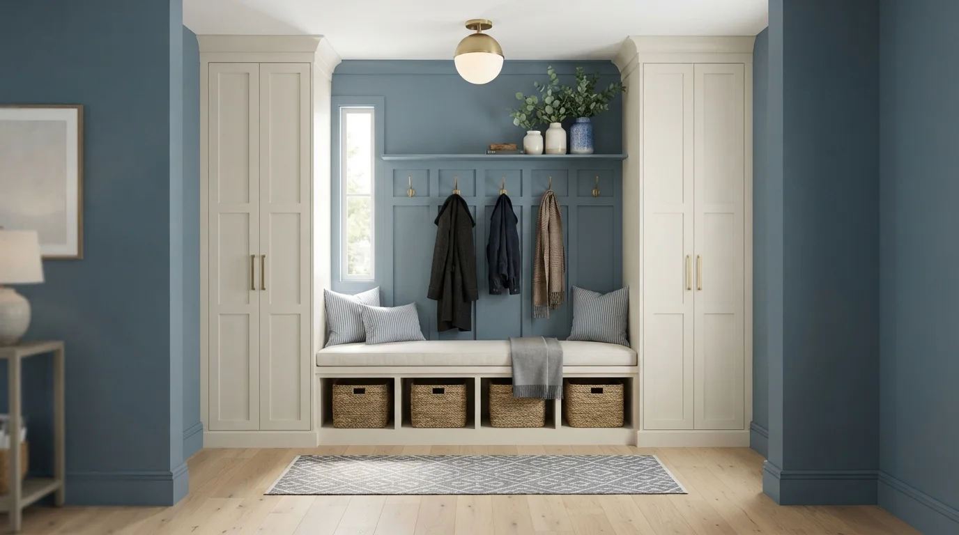 Dusty Blue Entry Nook — blue mudroom painted in Seal Pup