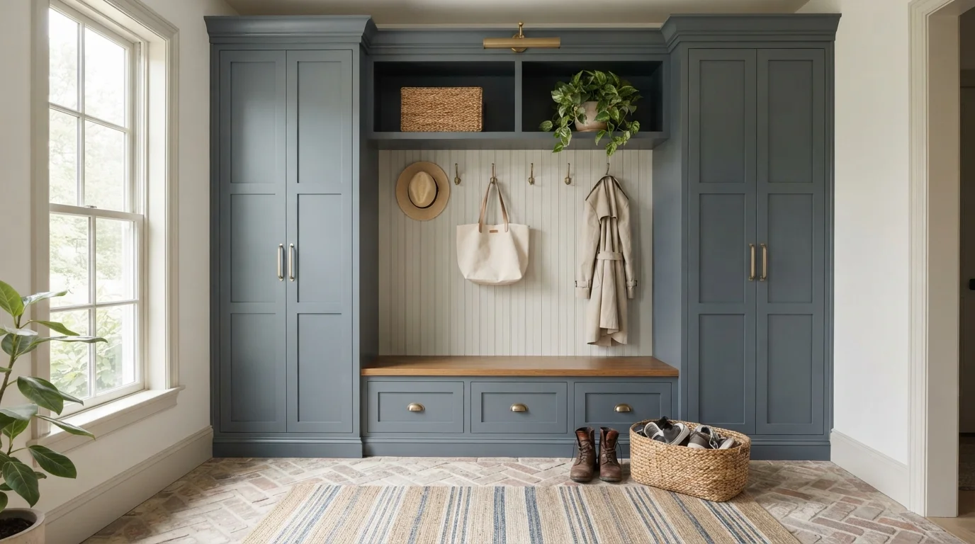 Slate Blue Entryway — blue mudroom painted in White Pepper