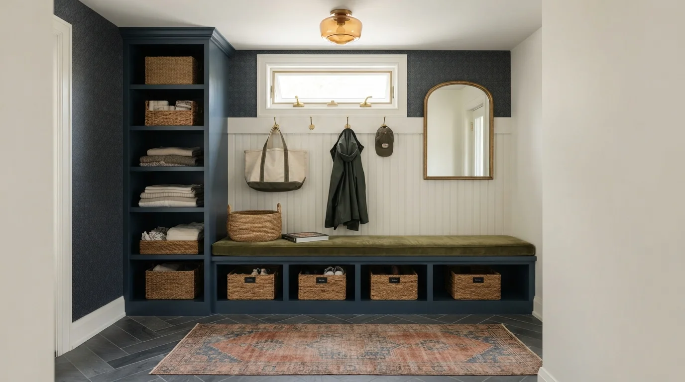 Moody Slate Mudroom — blue mudroom painted in Blue Fedora