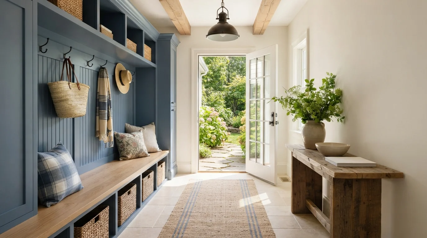 Slate Blue Mudroom — blue mudroom painted in Edelweiss