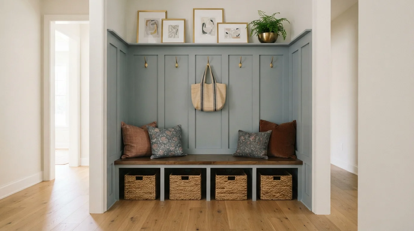 Slate Blue Mudroom — blue mudroom painted in Heron Plume