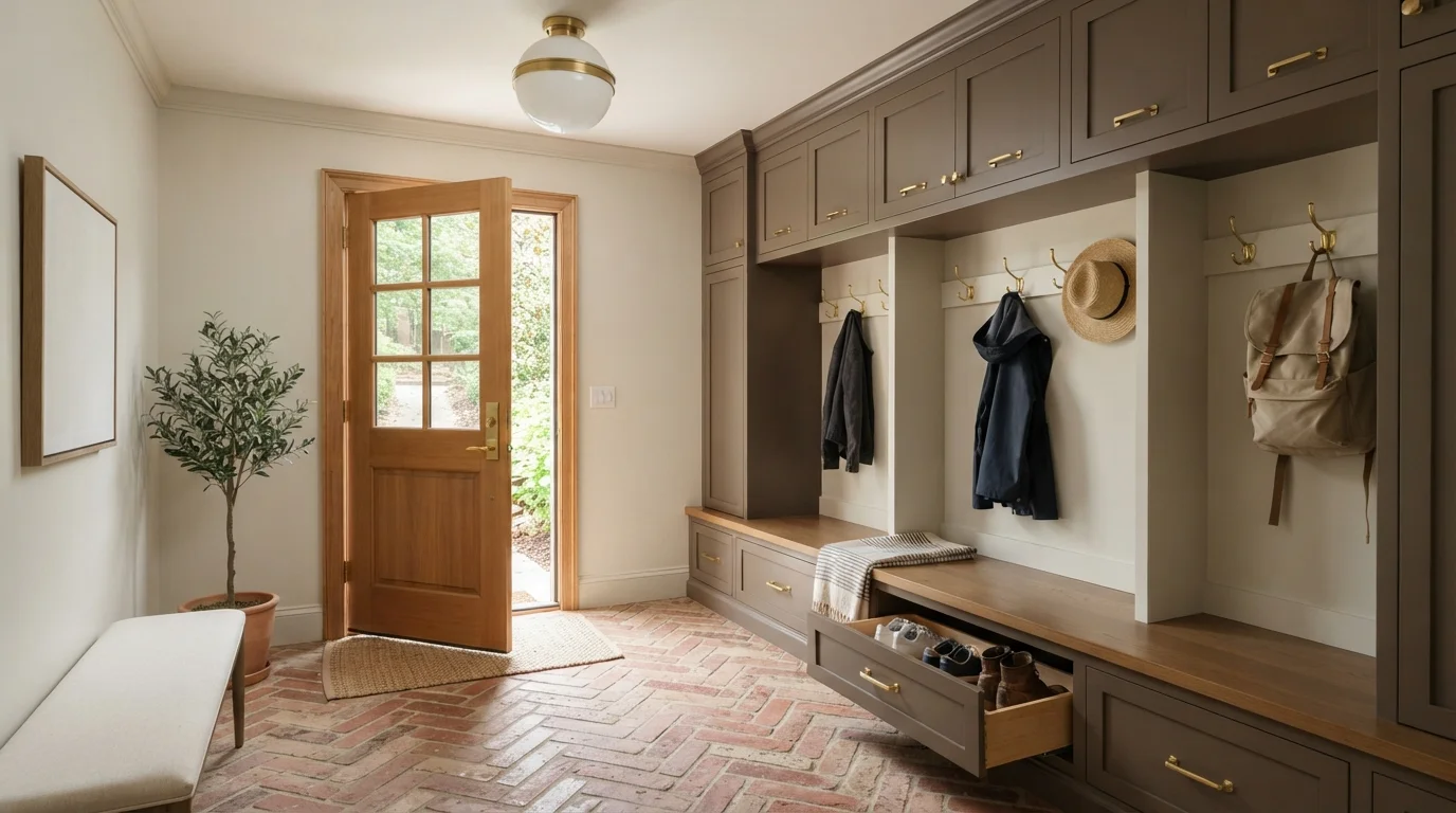 Tailored Earth Entry — brown mudroom painted in Sumatra Blend