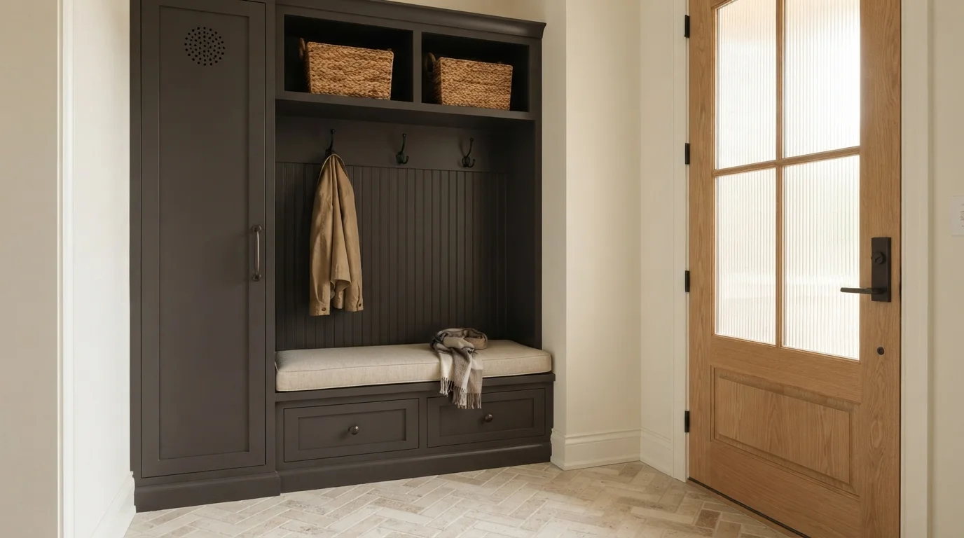 Deep Espresso Mudroom — brown mudroom painted in Hint of Cream