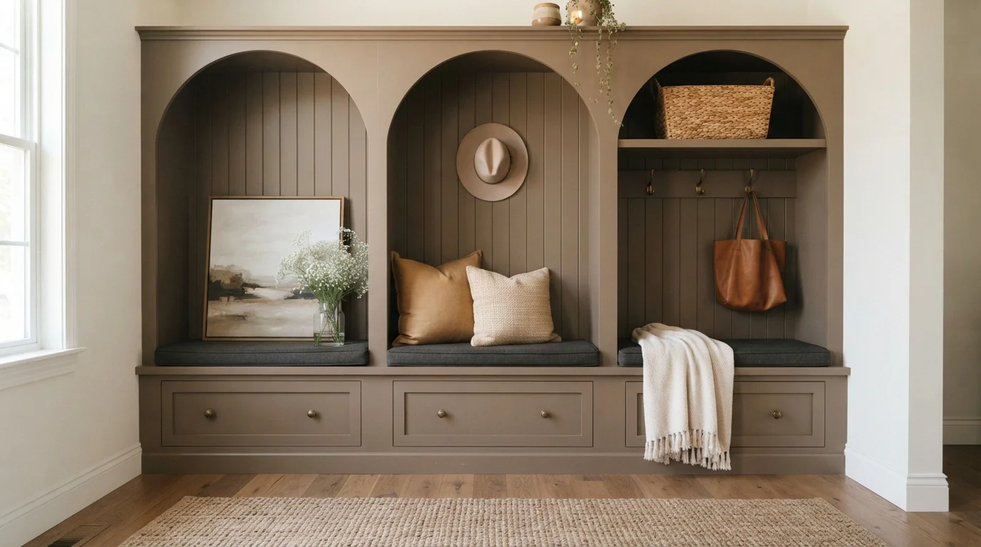 Earthy Taupe Mudroom — brown mudroom painted in Maple Shadows