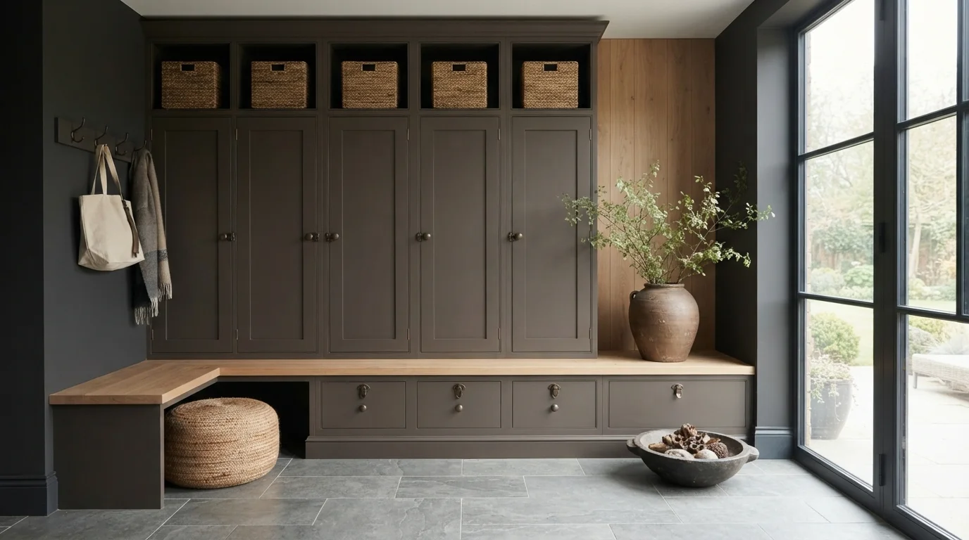 Rich Taupe Haven — brown mudroom painted in Black Magic