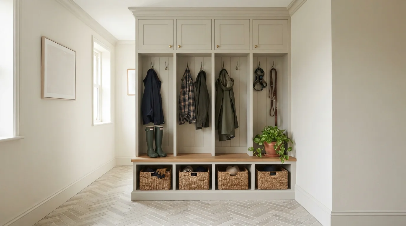 Earthy Mudroom Haven — brown mudroom painted in Elk Skin