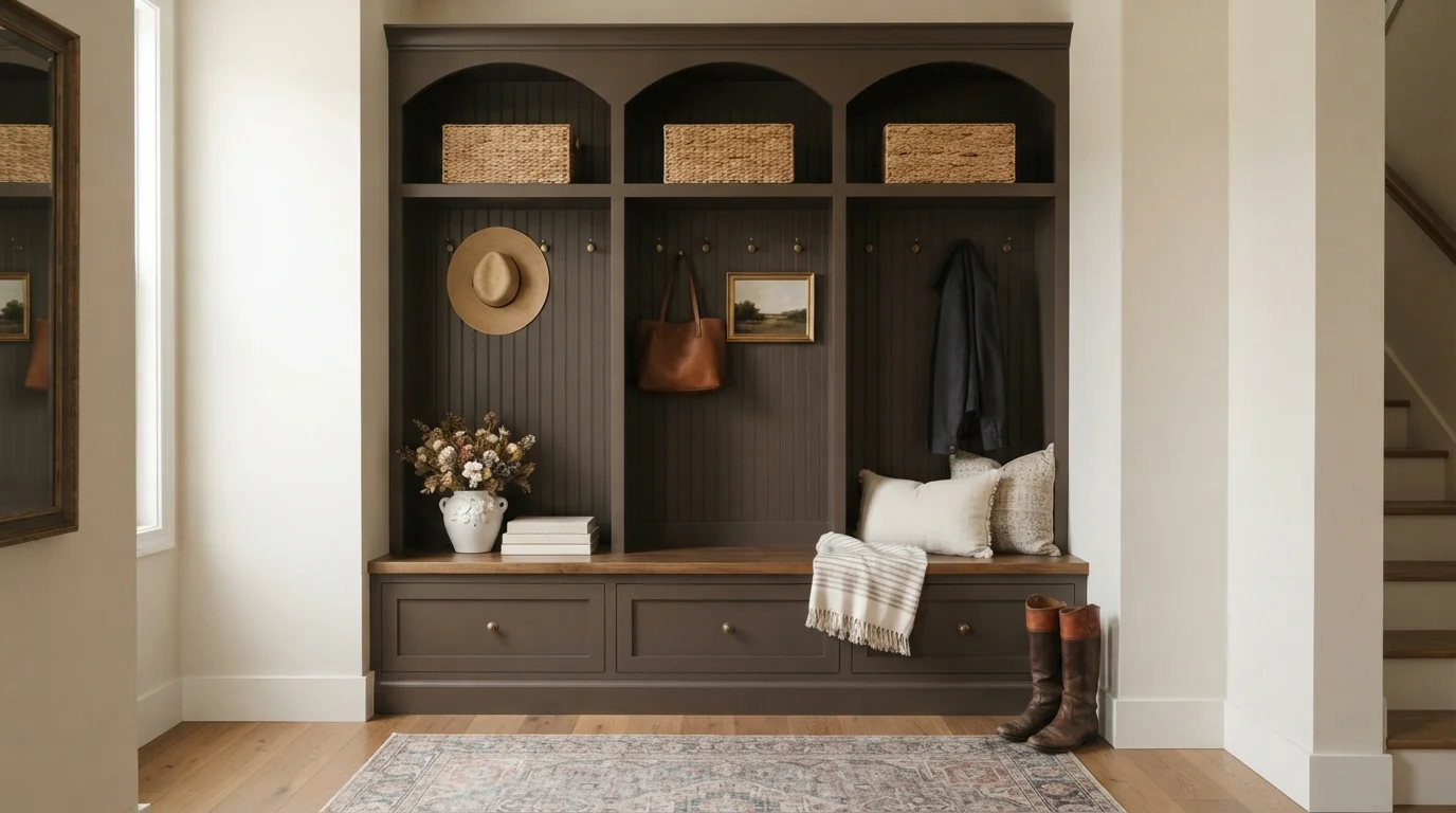 Espresso Arched Mudroom — brown mudroom painted in Fine Linen