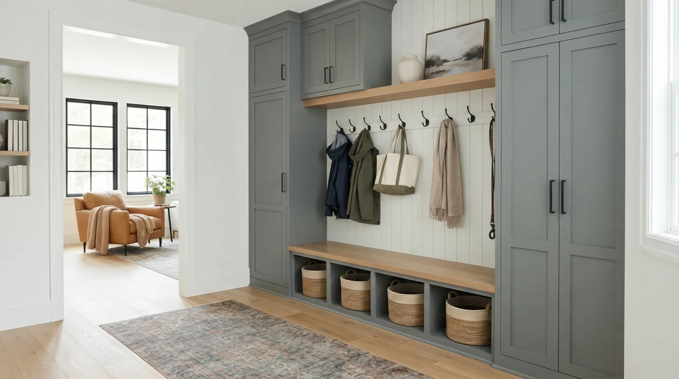 Slate Gray Mudroom — gray mudroom painted in Super White