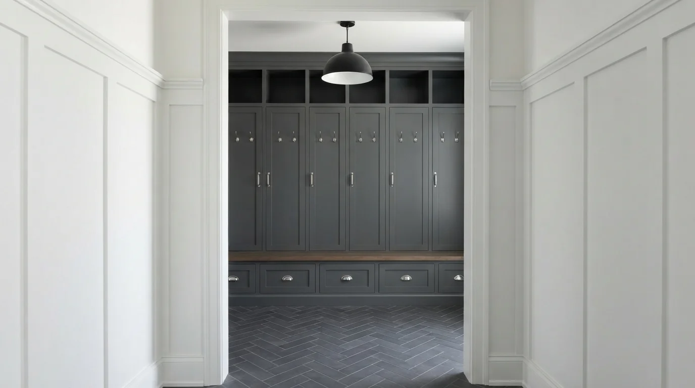 Charcoal Built-in Nook — gray mudroom painted in Glacial Ice