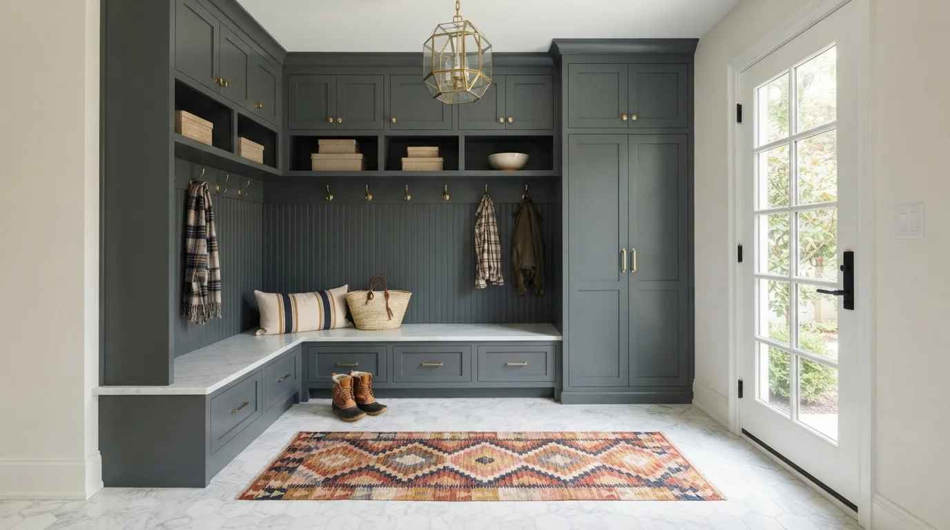 Tailored Slate Mudroom — gray mudroom painted in Oyster White