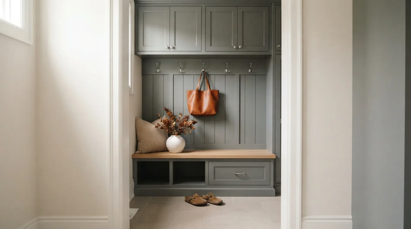 Slate Gray Mudroom Bench — gray mudroom painted in Coconut