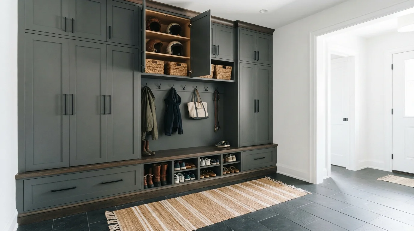 Slate Gray Mudroom — gray mudroom painted in Lighthouse