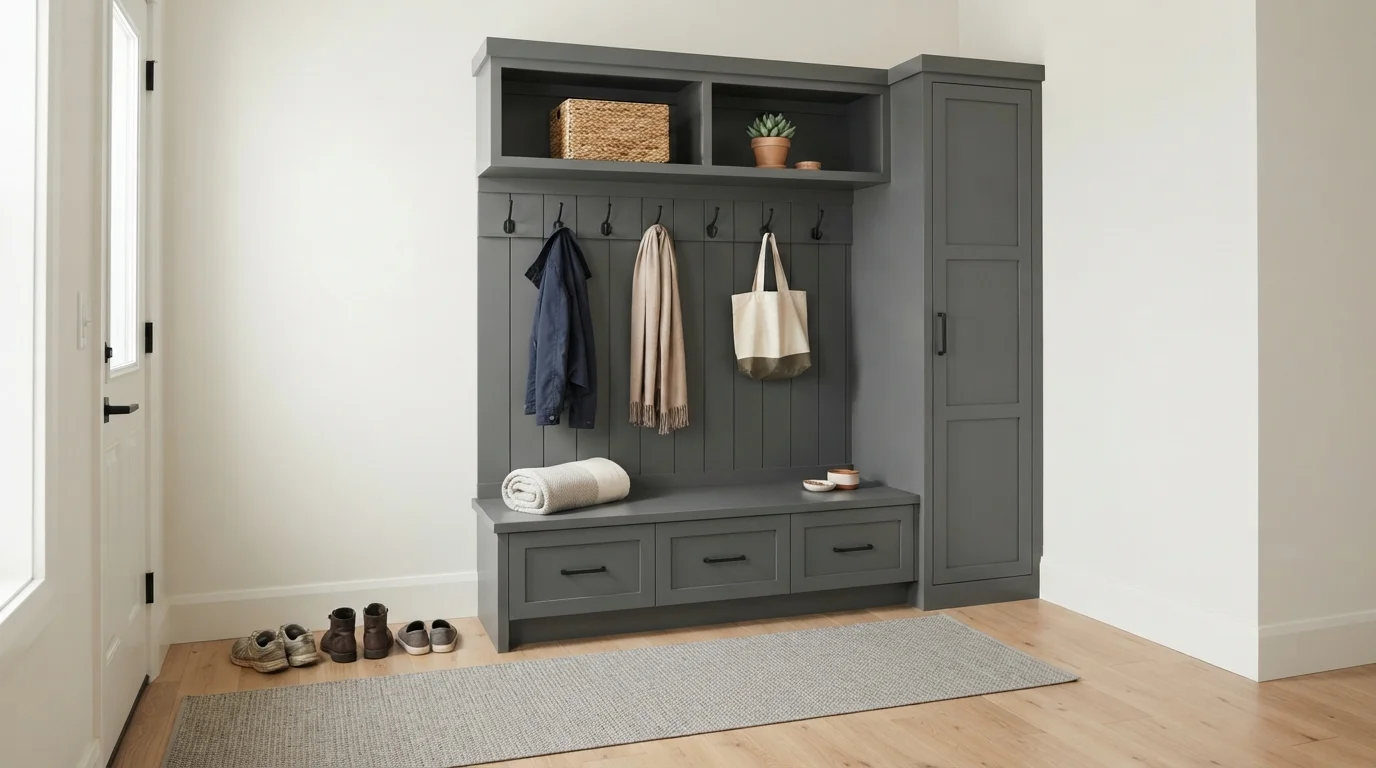 Slate Gray Mudroom — gray mudroom painted in White Mink