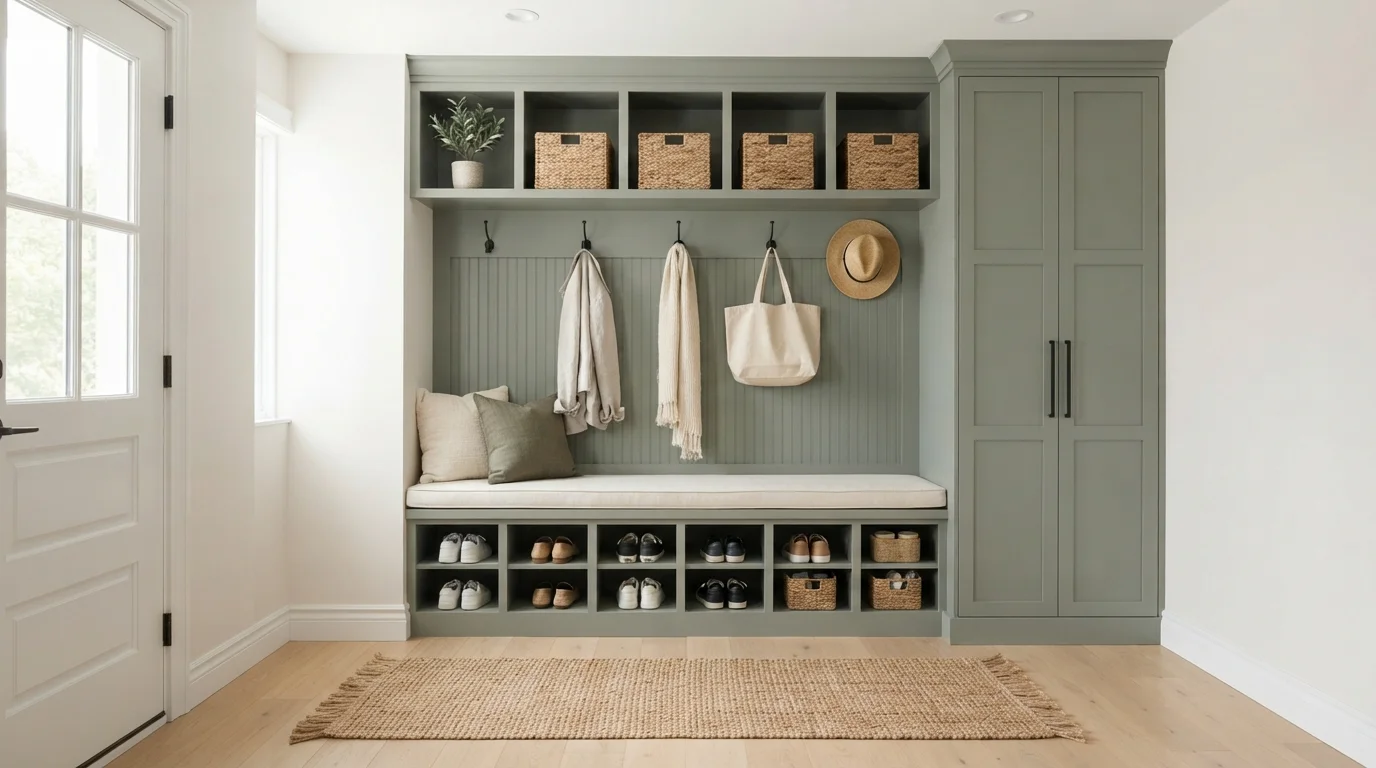Sage Green Mudroom — green mudroom painted in Hacienda White