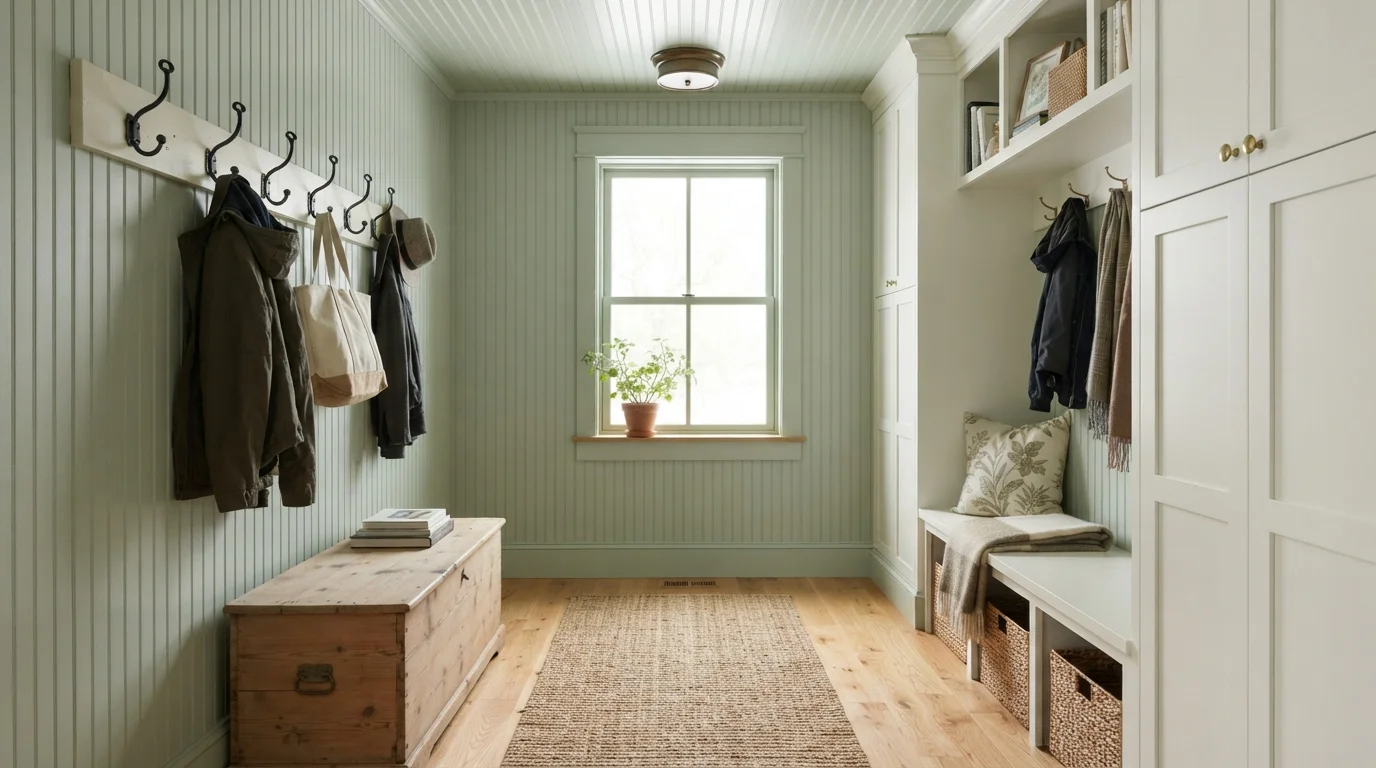 Sage Green Mudroom — green mudroom painted in Desert Green