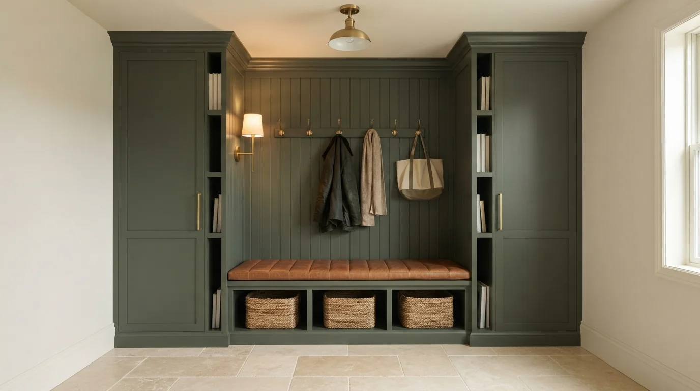Olive and Caramel Mudroom — green mudroom painted in Elusive White