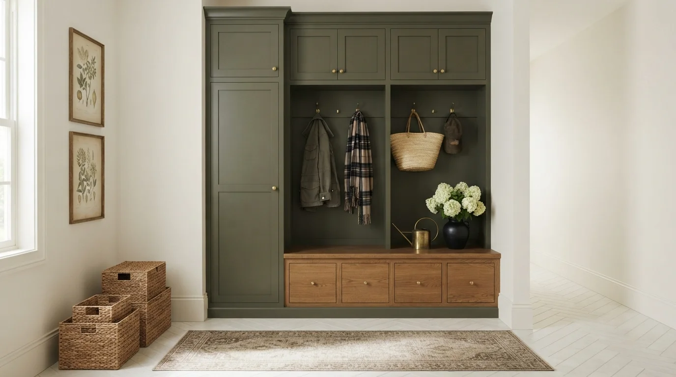 Earthy Olive Mudroom — green mudroom painted in Nano White