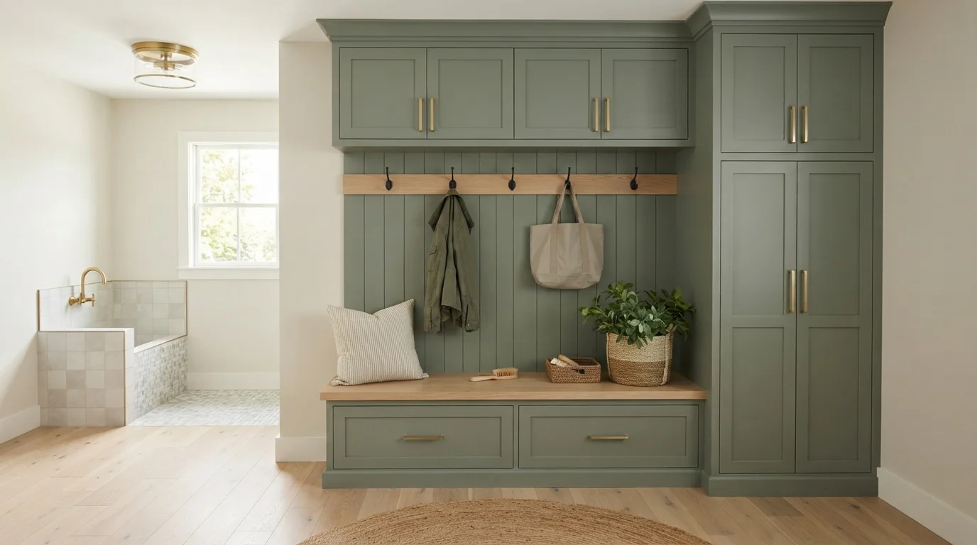 Sage Green Mudroom — green mudroom painted in August Moon
