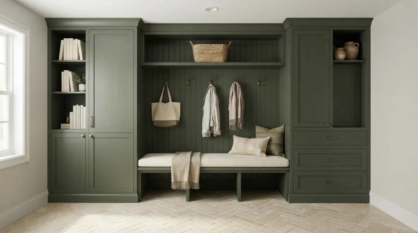 Olive Green Mudroom — green mudroom painted in Slipstream