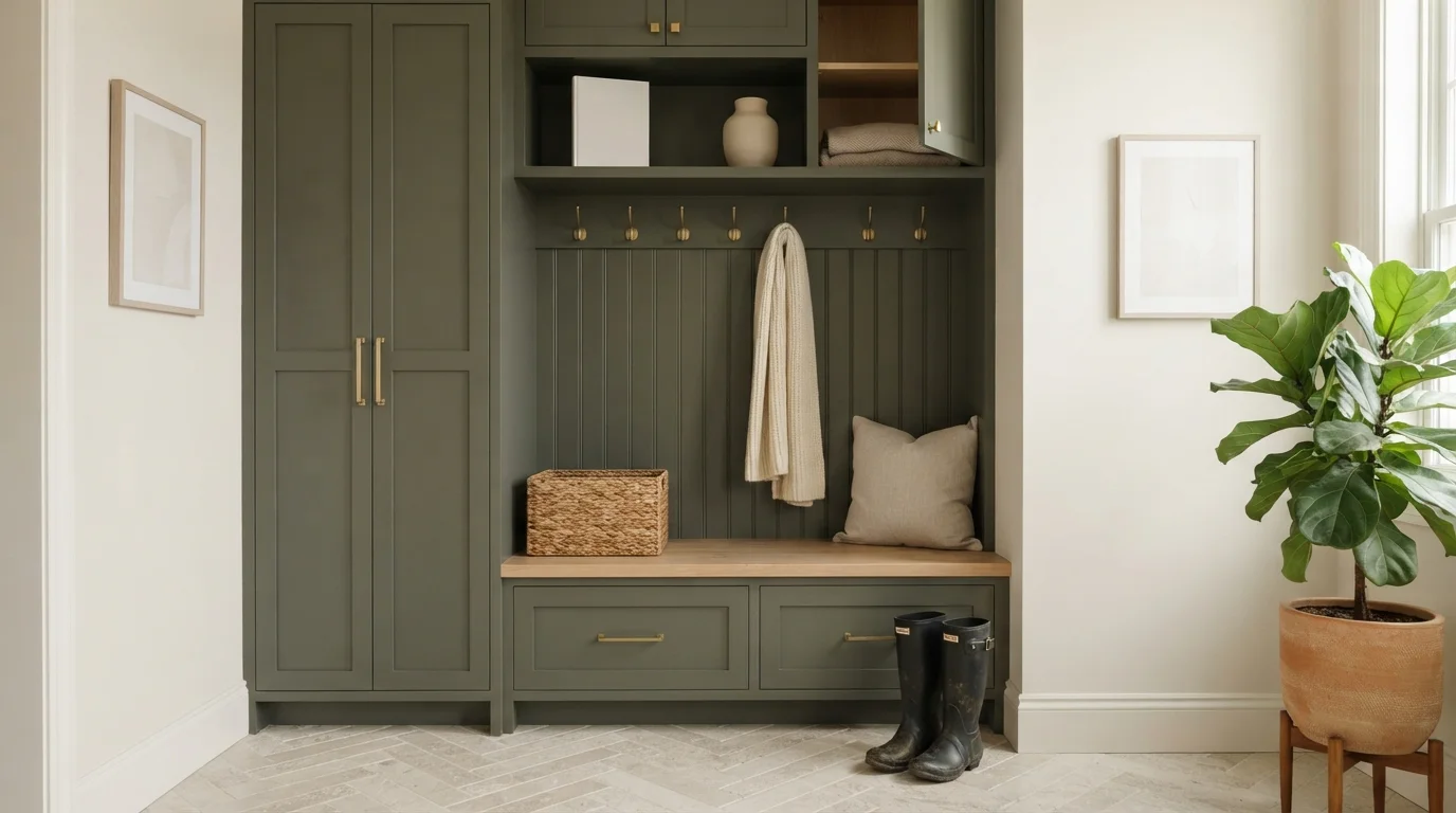 Earthy Olive Mudroom — green mudroom painted in Windfresh White