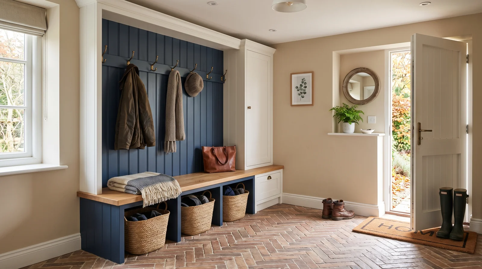 navy bench classic — trending mudroom colors 2026