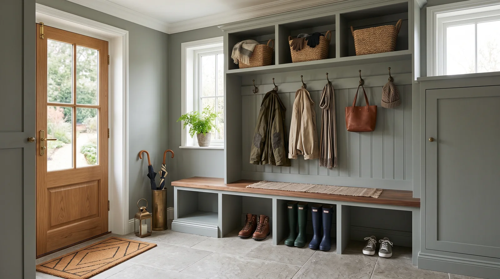 Evergreen Fog Drop Zone — mudroom painted in Evergreen Fog