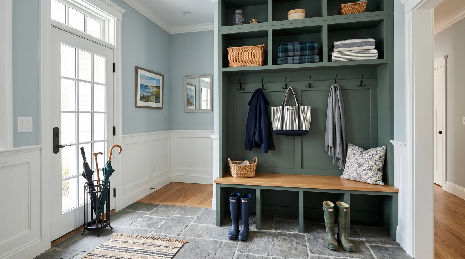 green built-ins — trending mudroom colors 2026