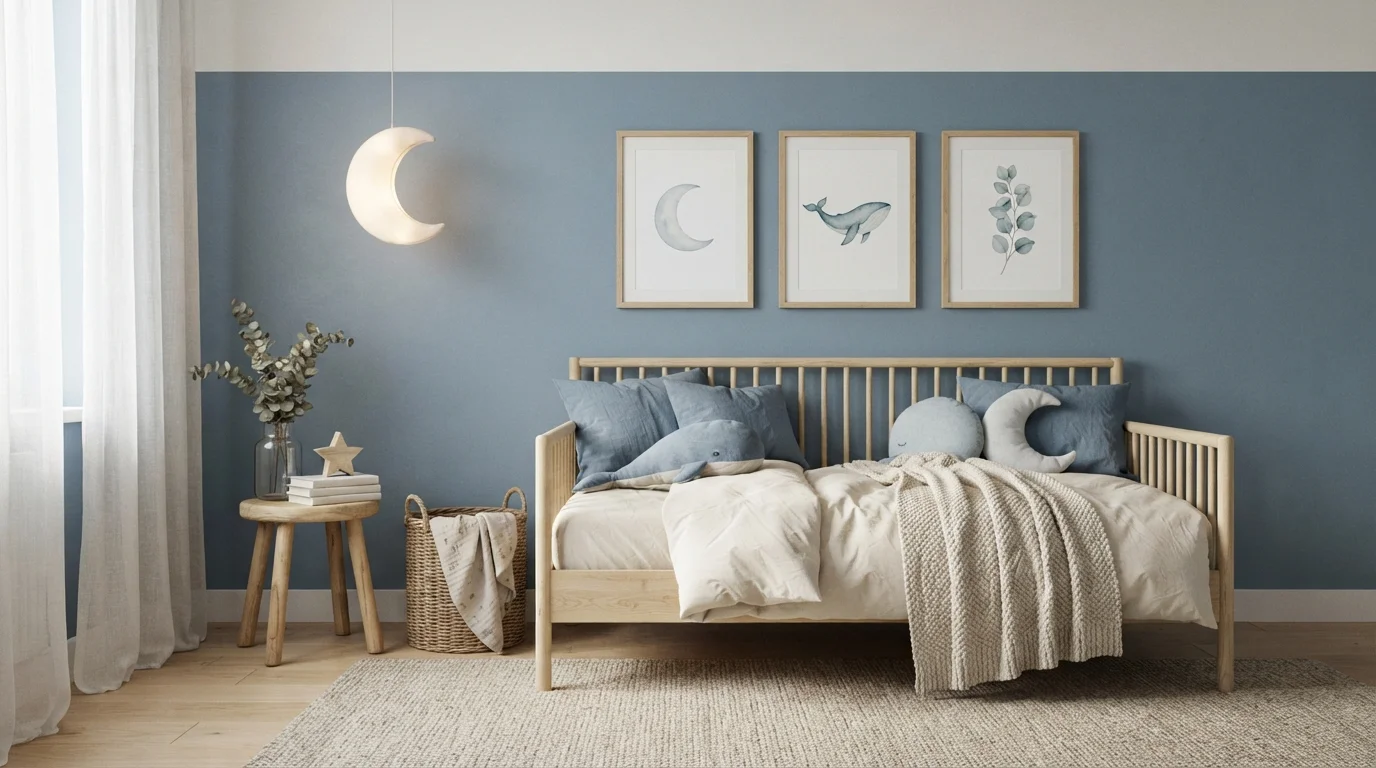 Dusty Blue Dreamland — blue nursery painted in Brookside Blue
