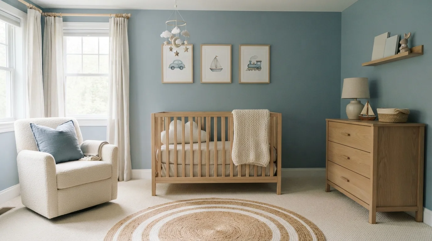 Muted Slate Blue Nursery — blue nursery painted in Lakefront Blue