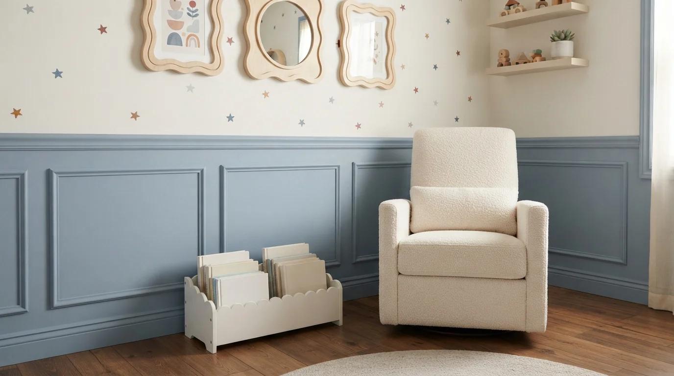 Dusty Blue Wainscot Nursery — blue nursery painted in Whisper White