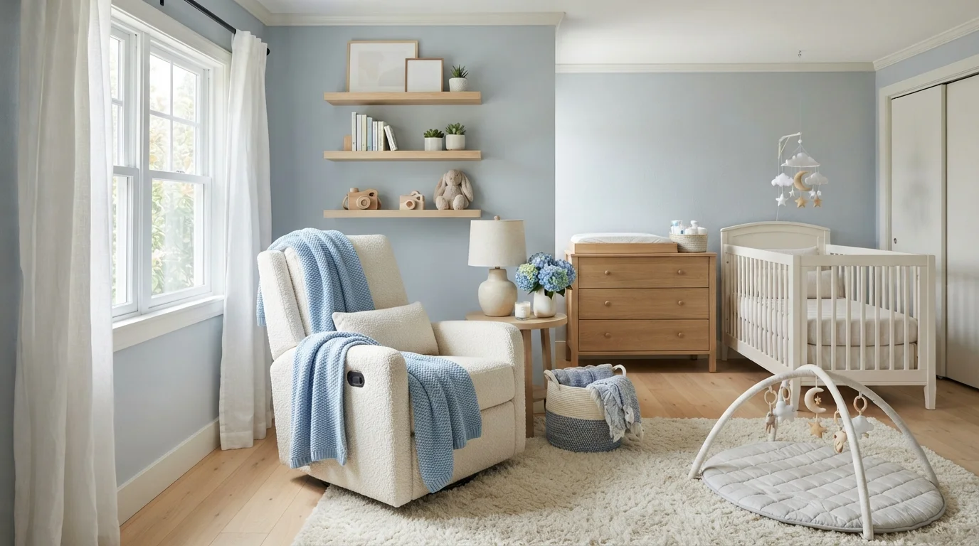Powder Blue Haven — blue nursery painted in Palisade Blue