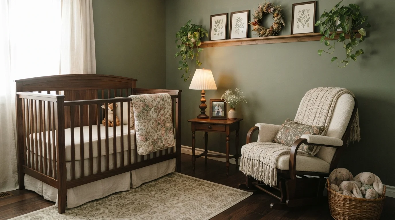 Vintage Olive Nursery — green nursery painted in Dark Sage