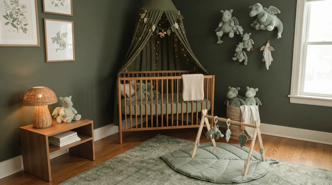 Enchanted Forest Nursery — green nursery painted in Treeline