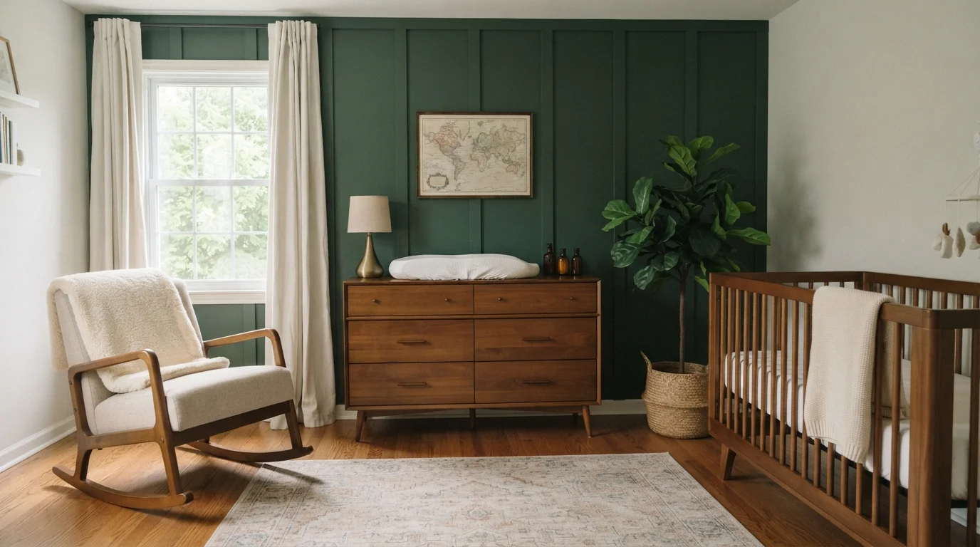 Earthy Forest Sanctuary — green nursery painted in Sycamore Tree
