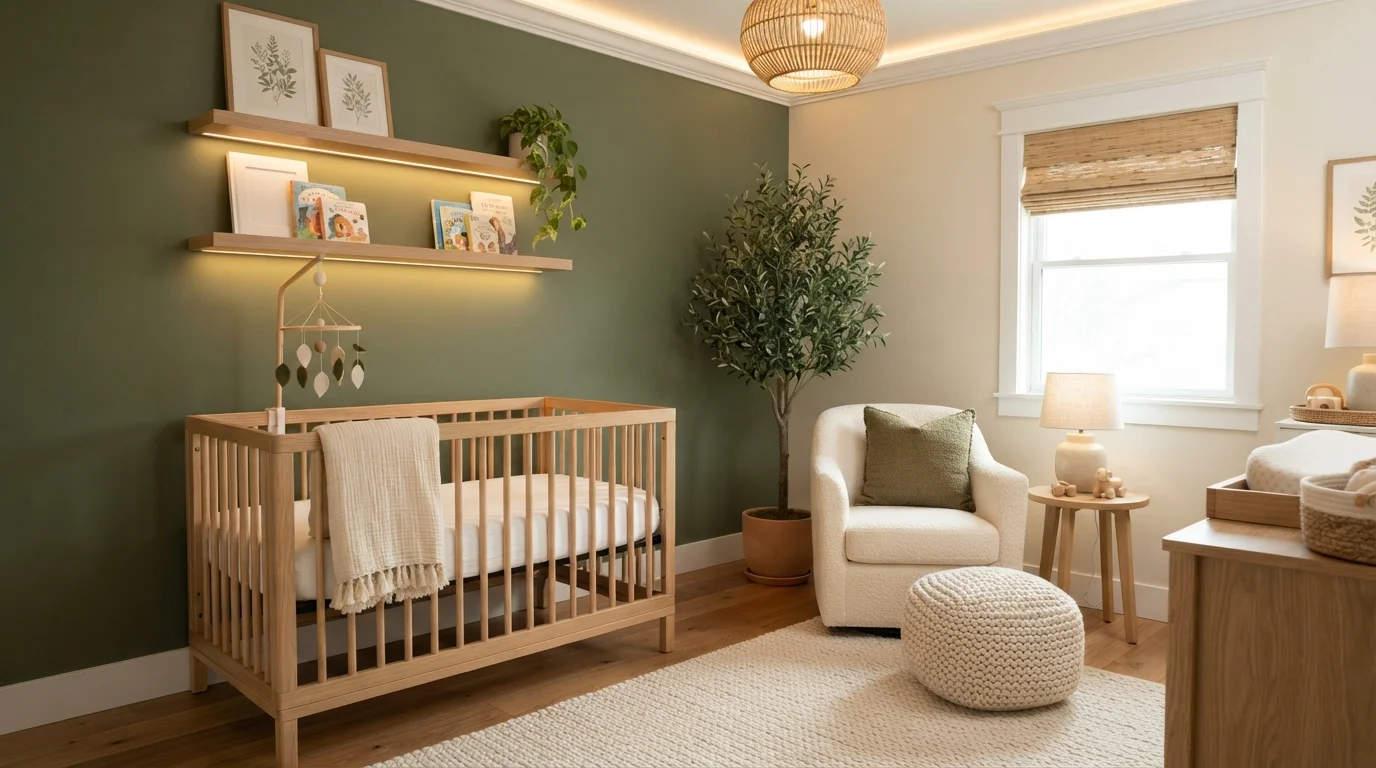 Earthy Woodland Nursery — green nursery painted in Mother Nature