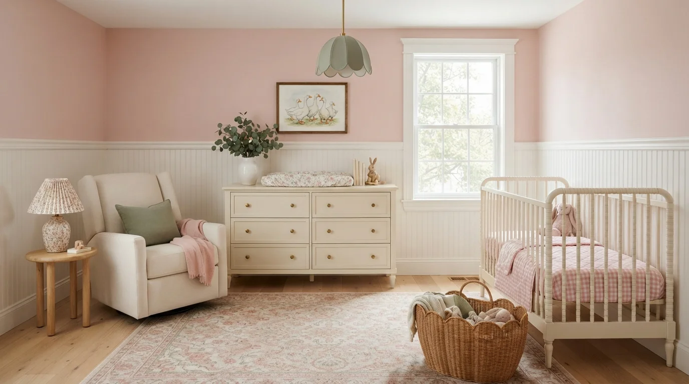 Blush and Sage Nursery — pink nursery painted in Eraser Pink