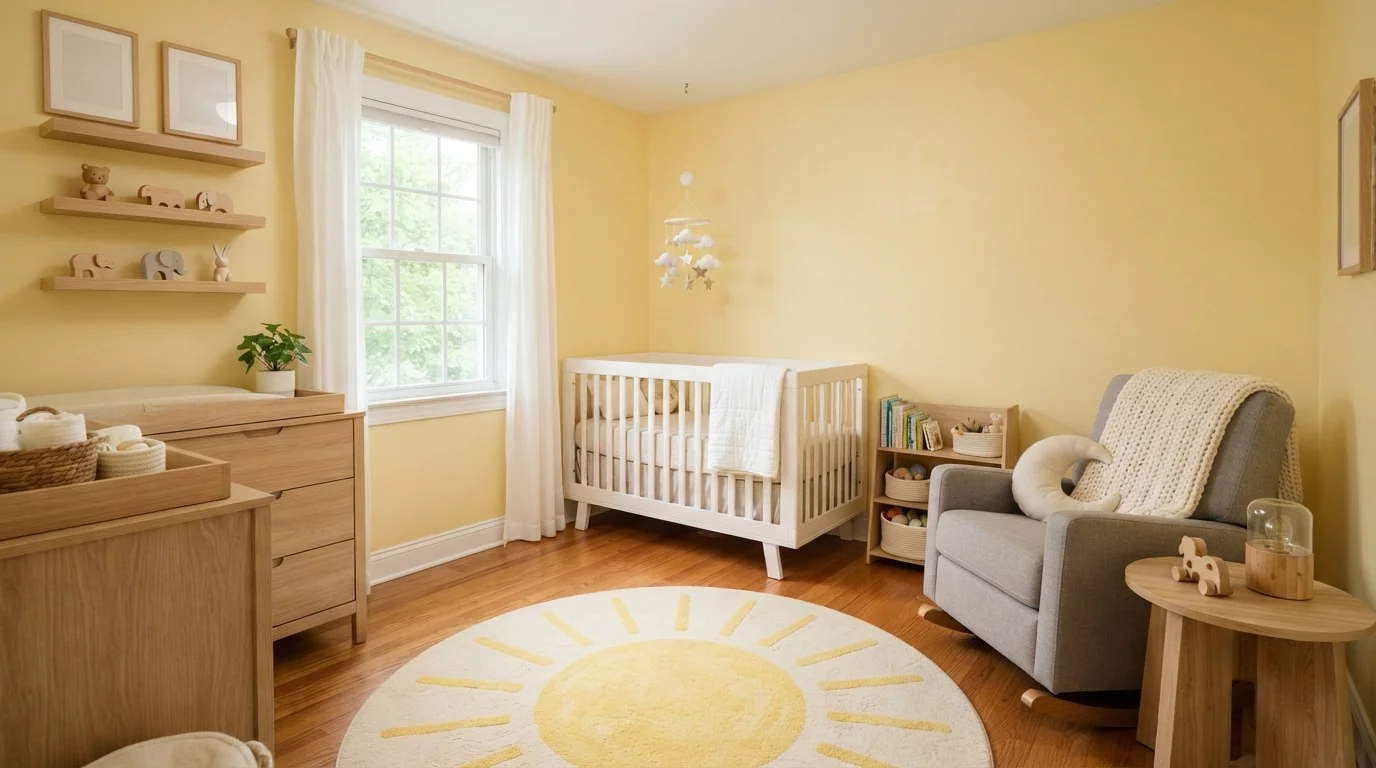 Buttermilk Sunshine Nursery — yellow nursery painted in Lemon Sponge Cake