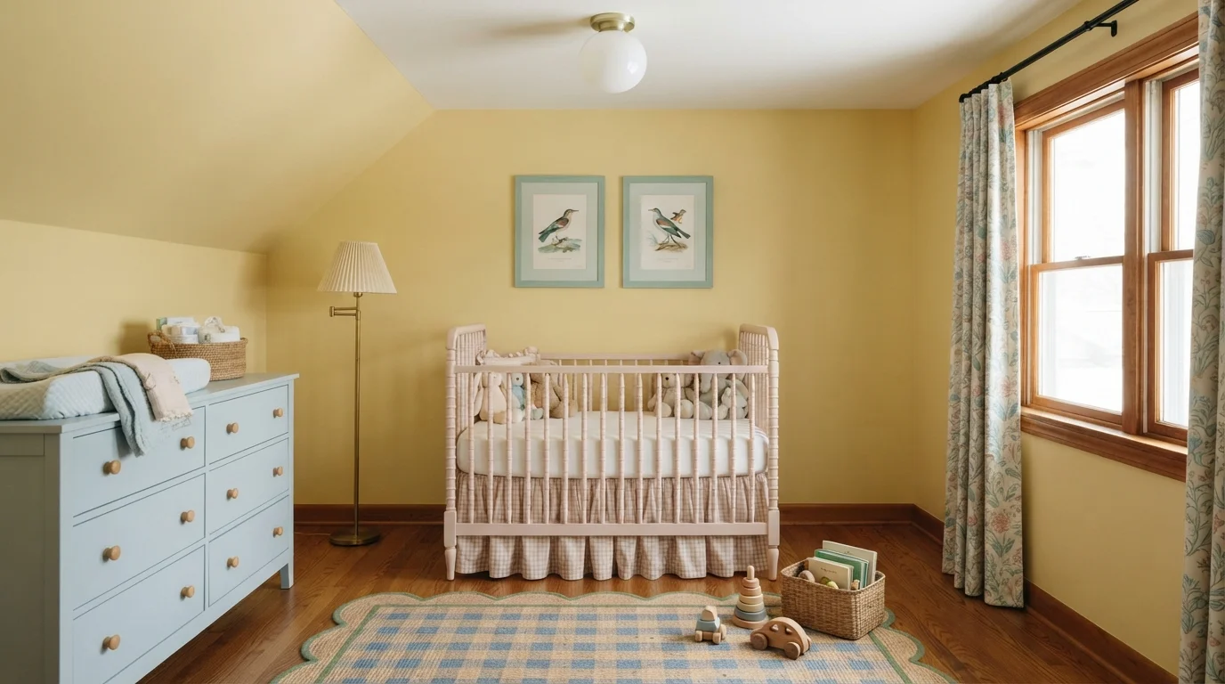 Buttery Pastel Nursery — yellow nursery painted in Flourish