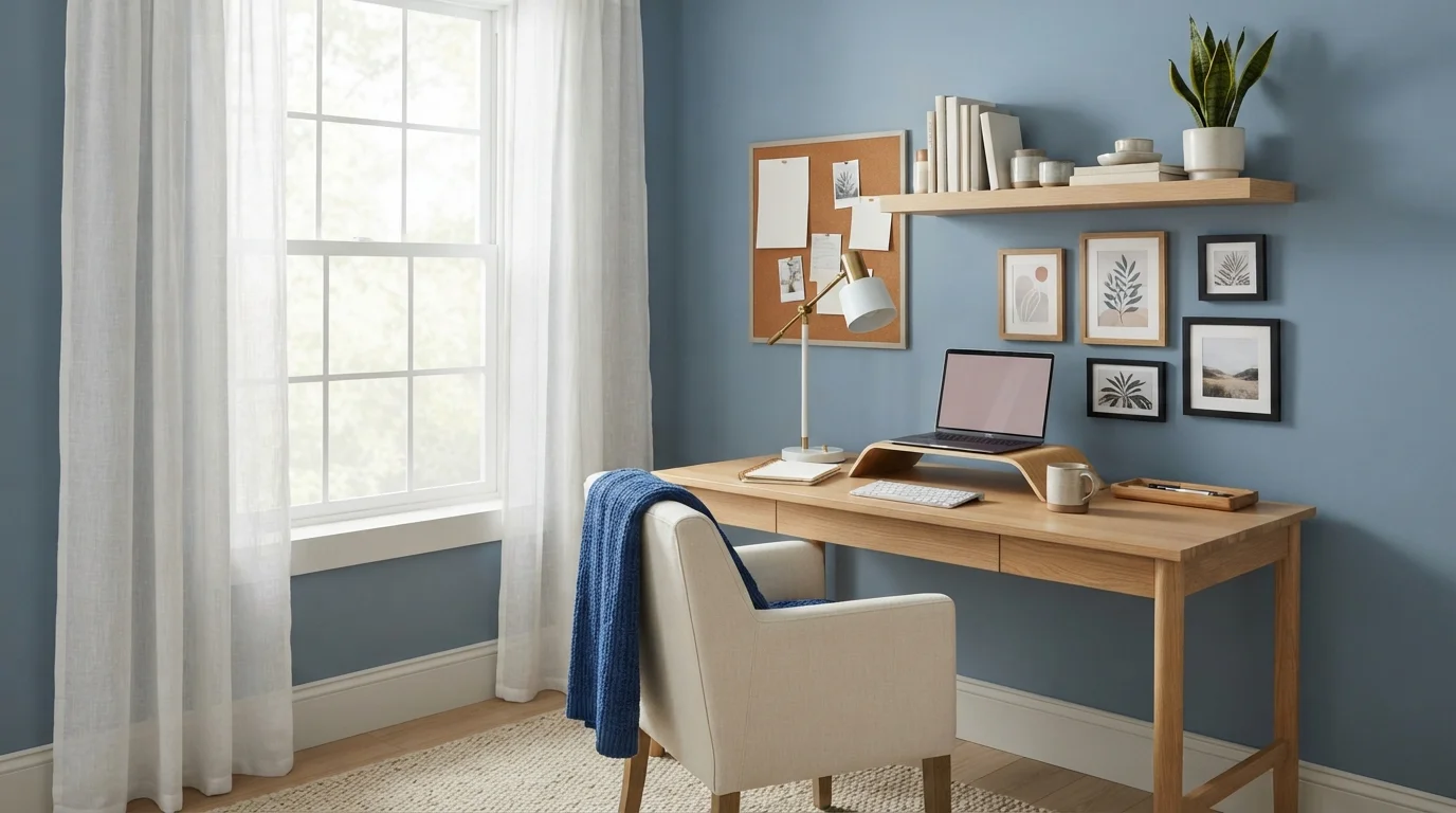 Dusty Blue Study — blue home office painted in Office Blue
