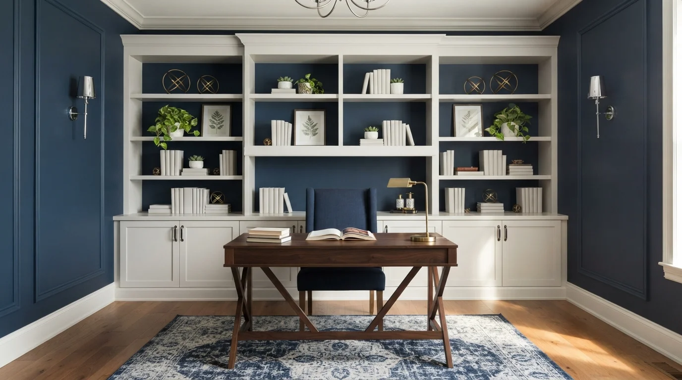Tailored Navy Study — blue home office painted in Midnight Dream
